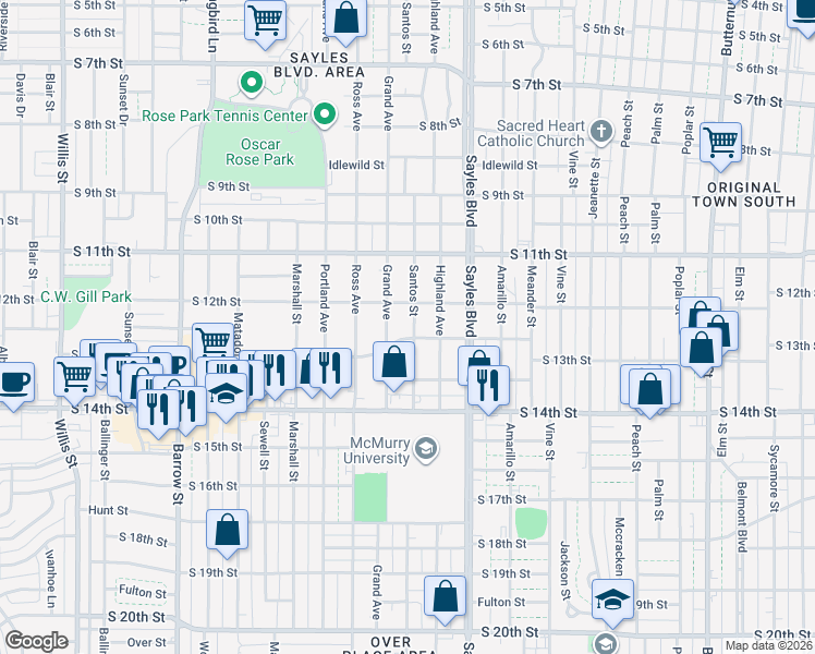 map of restaurants, bars, coffee shops, grocery stores, and more near 1234 Santos Street in Abilene