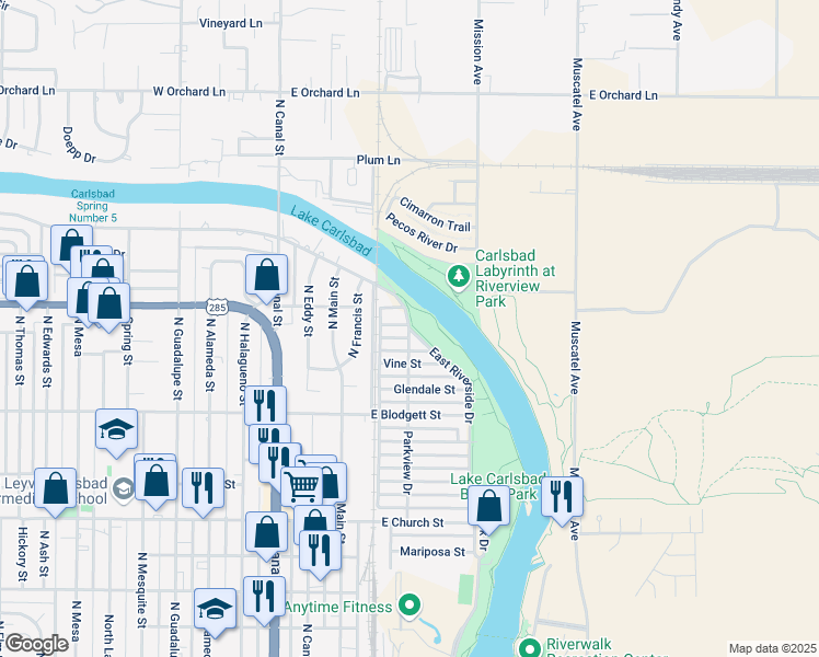 map of restaurants, bars, coffee shops, grocery stores, and more near 432 East Riverside Drive in Carlsbad