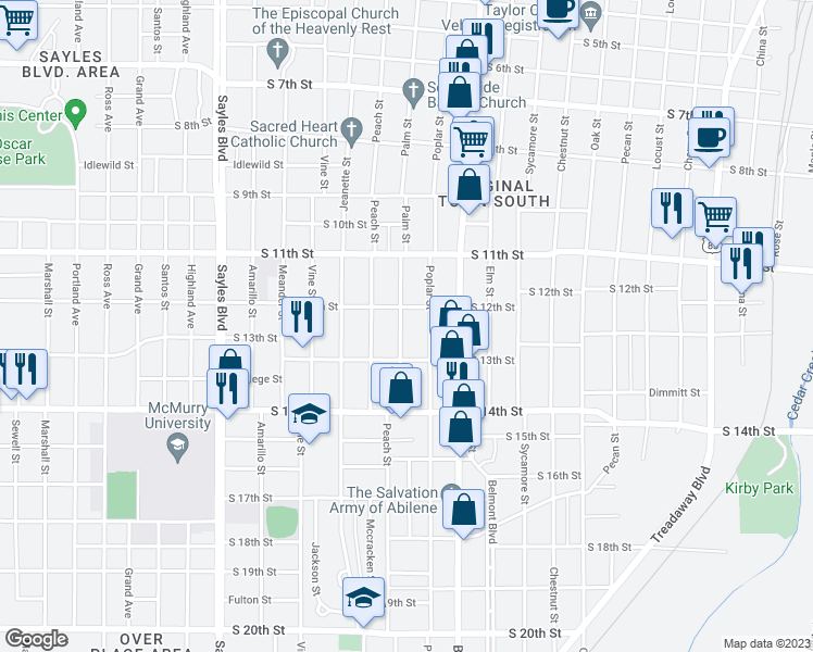 map of restaurants, bars, coffee shops, grocery stores, and more near 1225 Palm Street in Abilene