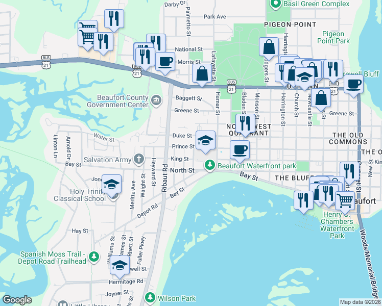 map of restaurants, bars, coffee shops, grocery stores, and more near 1905 North Street in Beaufort