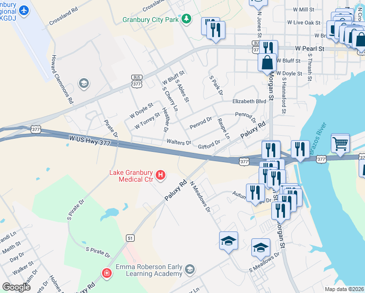 map of restaurants, bars, coffee shops, grocery stores, and more near 1302 West US Highway 377 in Granbury