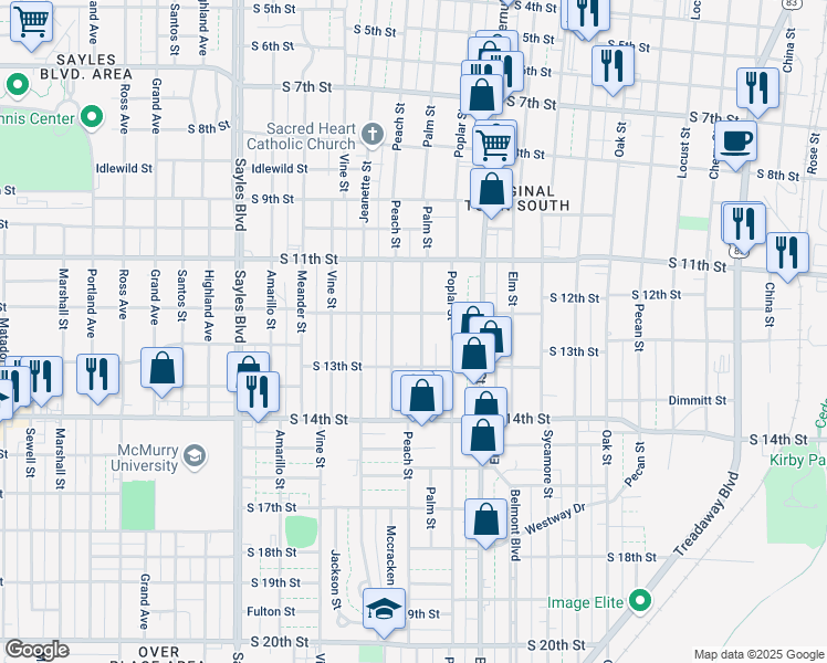 map of restaurants, bars, coffee shops, grocery stores, and more near 1250 Palm Street in Abilene