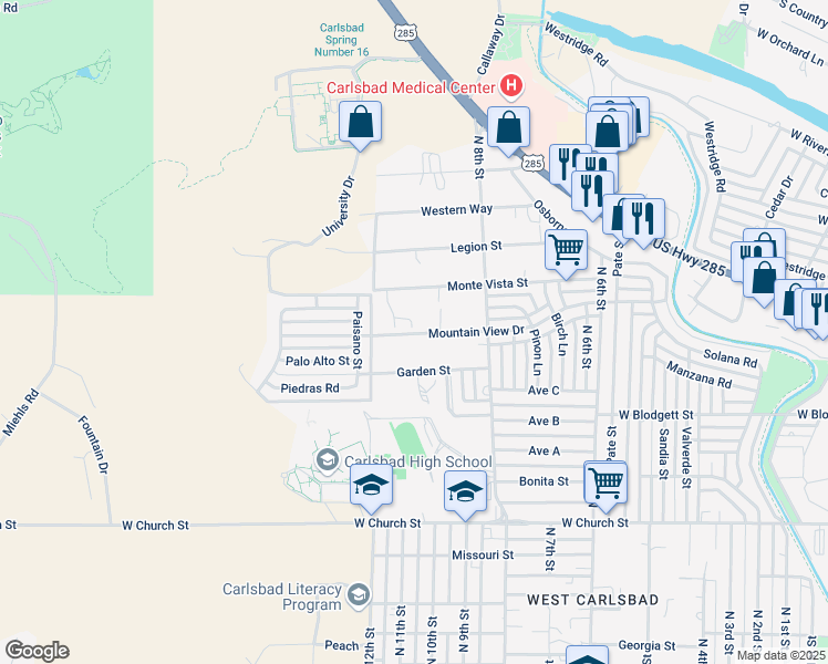 map of restaurants, bars, coffee shops, grocery stores, and more near 2709 Mountain View Drive in Carlsbad