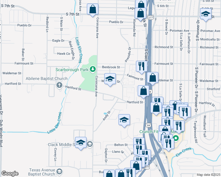 map of restaurants, bars, coffee shops, grocery stores, and more near 5340 Hartford Street in Abilene
