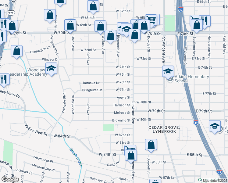 map of restaurants, bars, coffee shops, grocery stores, and more near 514 West 77th Street in Shreveport