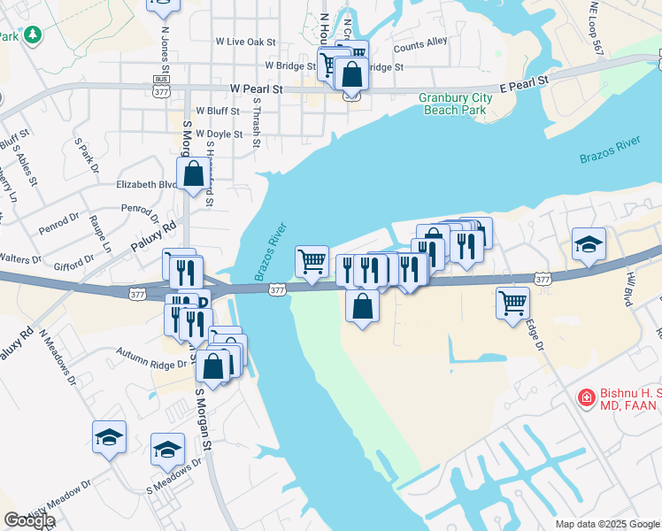 map of restaurants, bars, coffee shops, grocery stores, and more near 105 Bahama Court in Granbury