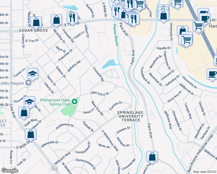 map of restaurants, bars, coffee shops, grocery stores, and more near 7708 Creswell Road in Shreveport