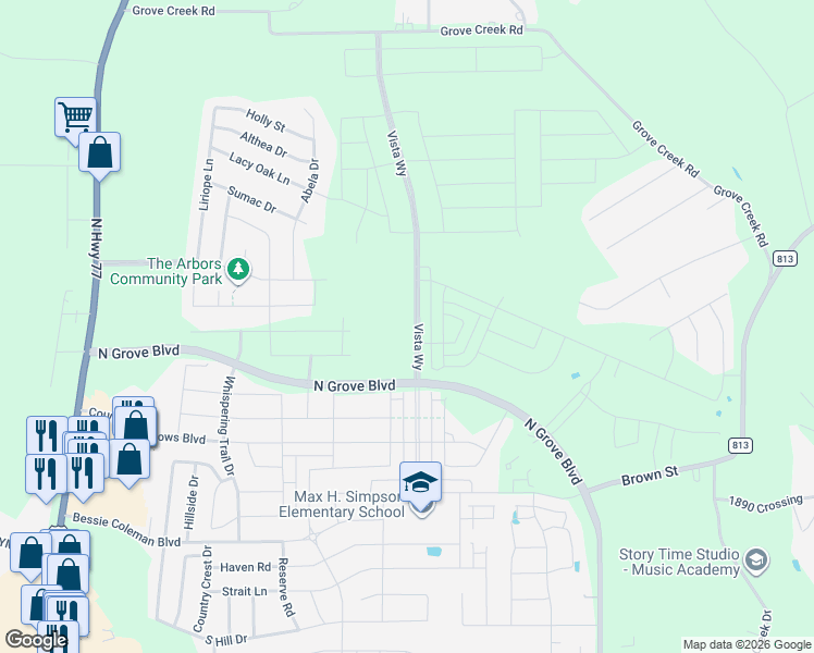 map of restaurants, bars, coffee shops, grocery stores, and more near Unnamed Road in Waxahachie