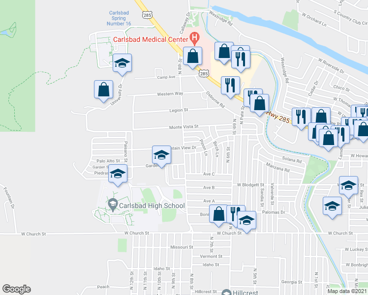 map of restaurants, bars, coffee shops, grocery stores, and more near 1100 North 8th Street in Carlsbad