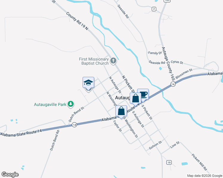 map of restaurants, bars, coffee shops, grocery stores, and more near 2501-2509 Tyus Street in Autaugaville