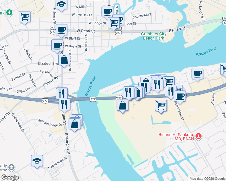 map of restaurants, bars, coffee shops, grocery stores, and more near 300 Tahiti Drive in Granbury