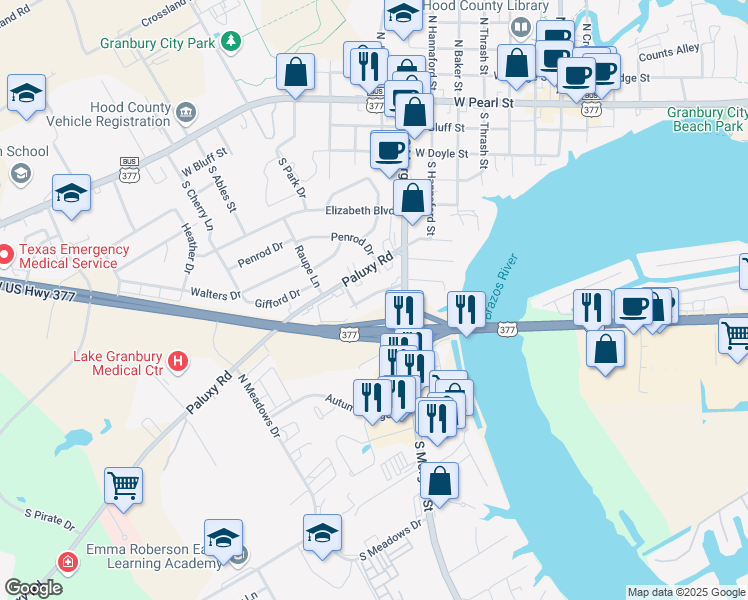 map of restaurants, bars, coffee shops, grocery stores, and more near 705 Spring Street in Granbury