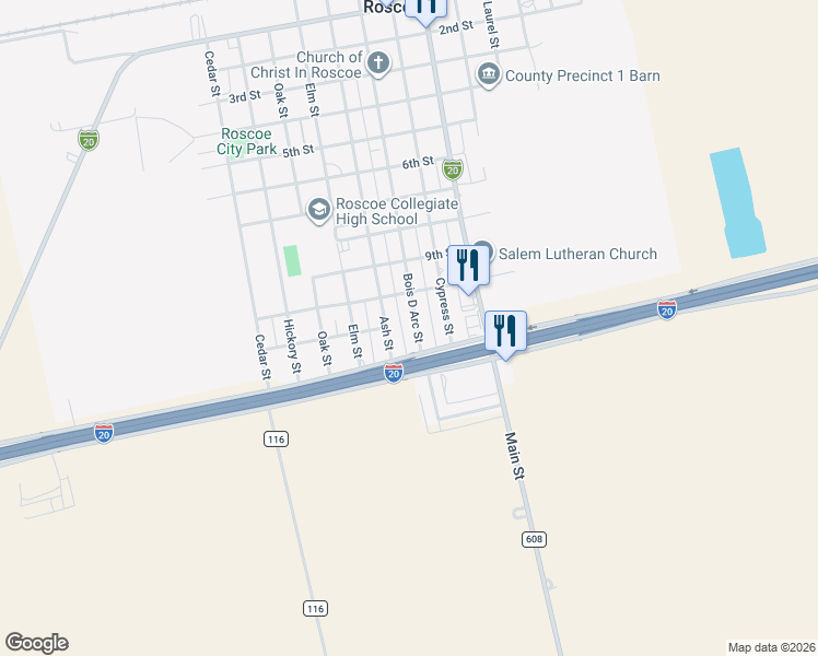 map of restaurants, bars, coffee shops, grocery stores, and more near 1021 Bois D Arc Street in Roscoe