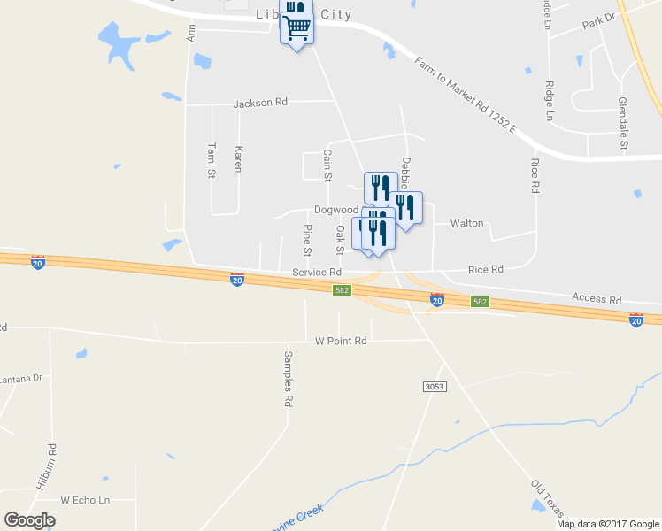 map of restaurants, bars, coffee shops, grocery stores, and more near 273 Oak Street in Kilgore