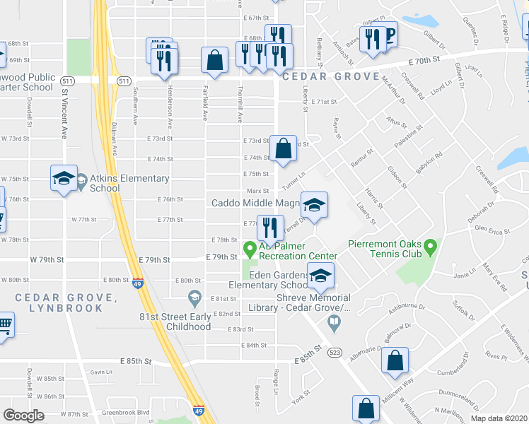 map of restaurants, bars, coffee shops, grocery stores, and more near 573 East 76th Street in Shreveport