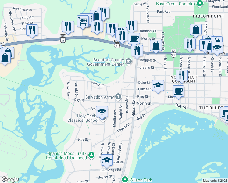 map of restaurants, bars, coffee shops, grocery stores, and more near 507 Water Street in Beaufort