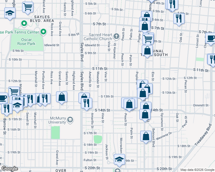 map of restaurants, bars, coffee shops, grocery stores, and more near 1217 Vine Street in Abilene