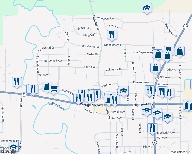 map of restaurants, bars, coffee shops, grocery stores, and more near 2511 Summerfield Road in Selma