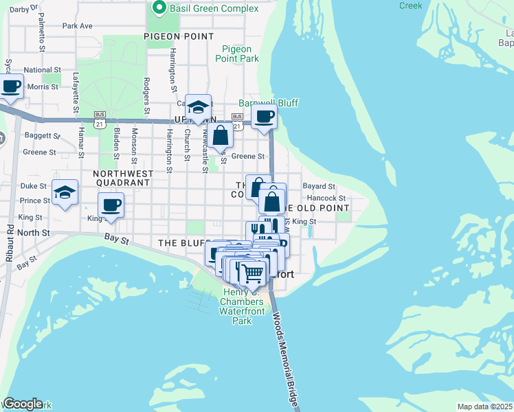 map of restaurants, bars, coffee shops, grocery stores, and more near 800 Prince Street in Beaufort