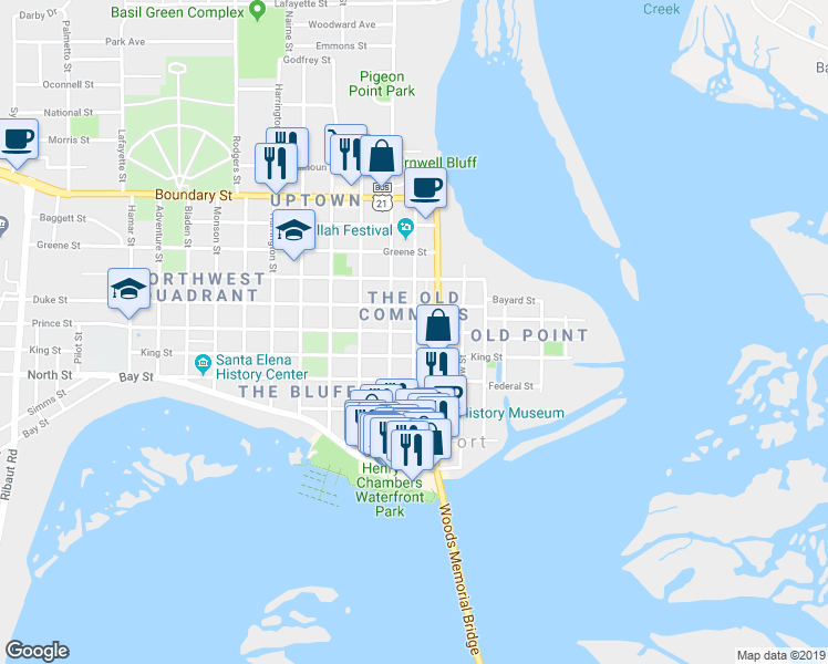 map of restaurants, bars, coffee shops, grocery stores, and more near 800 Prince Street in Beaufort