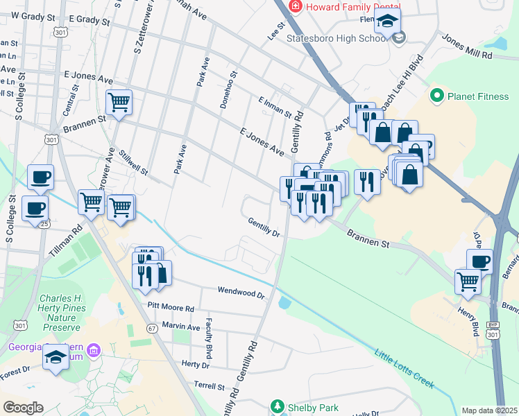 map of restaurants, bars, coffee shops, grocery stores, and more near 114A Prince Way in Statesboro