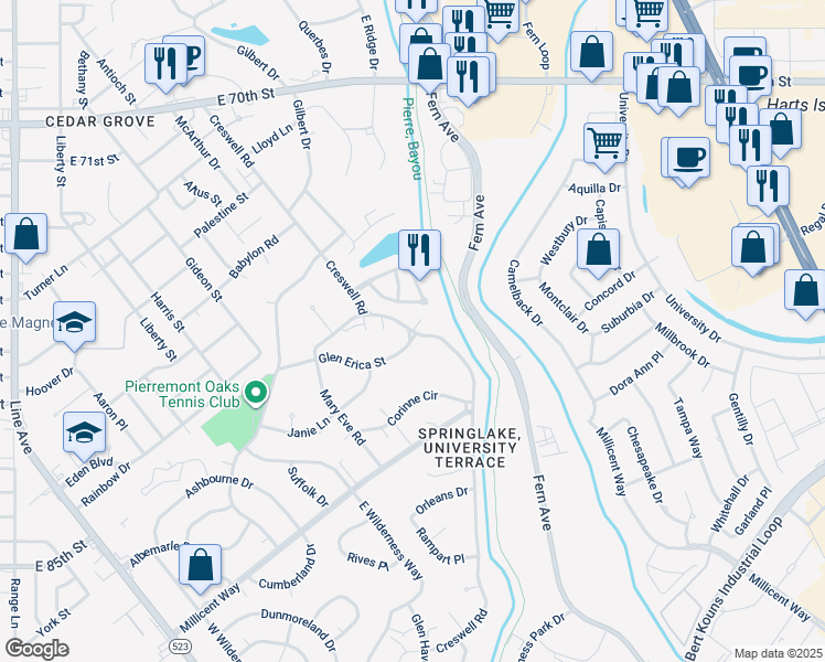map of restaurants, bars, coffee shops, grocery stores, and more near 303 Glen Erica Street in Shreveport