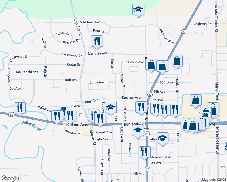 map of restaurants, bars, coffee shops, grocery stores, and more near 2501 Montague Street in Selma