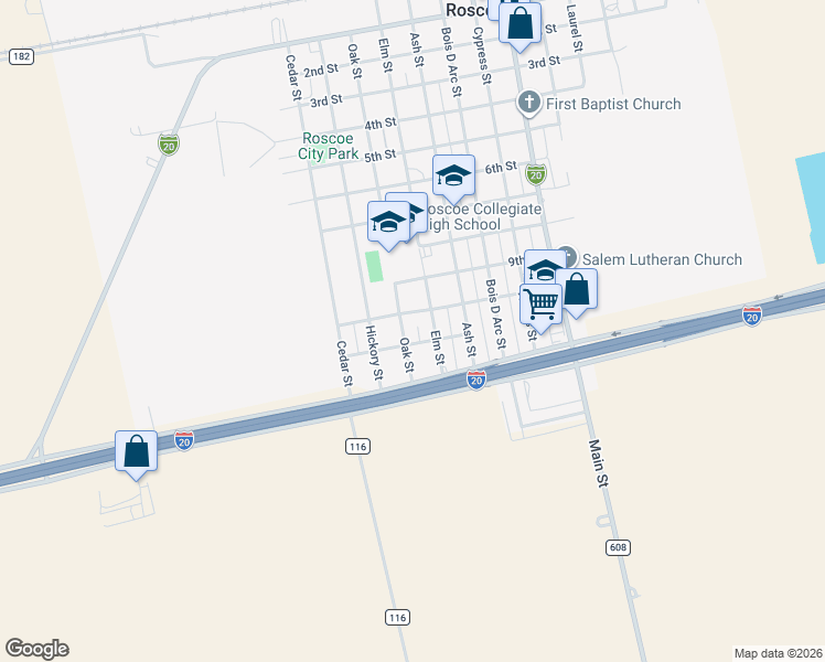 map of restaurants, bars, coffee shops, grocery stores, and more near 1104 Elm Street in Roscoe