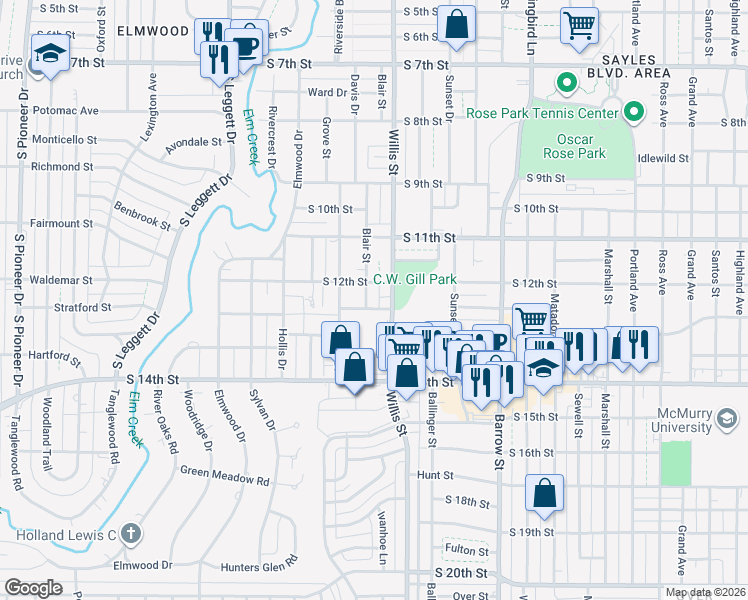 map of restaurants, bars, coffee shops, grocery stores, and more near 1290 Willis Street in Abilene