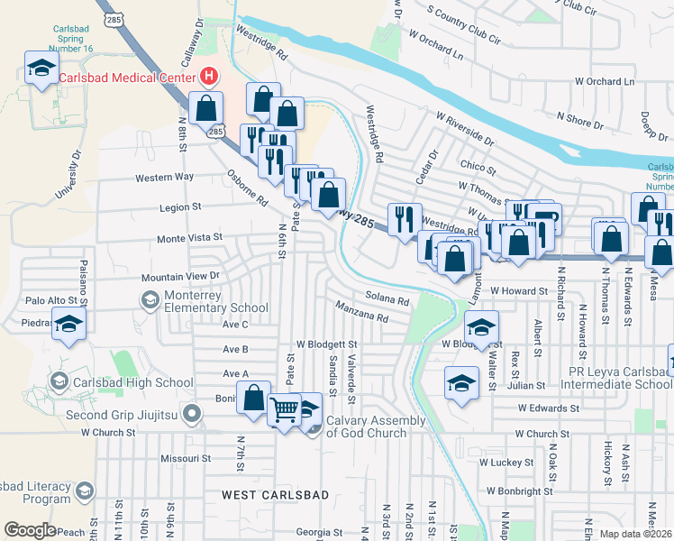 map of restaurants, bars, coffee shops, grocery stores, and more near 1915 Solana Road in Carlsbad