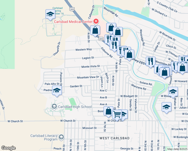 map of restaurants, bars, coffee shops, grocery stores, and more near 2418 Mountain View Drive in Carlsbad