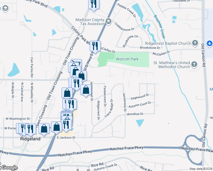 map of restaurants, bars, coffee shops, grocery stores, and more near 135 Timbercrest Drive in Ridgeland