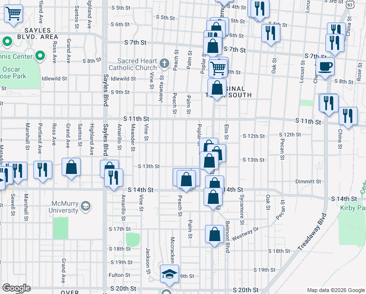 map of restaurants, bars, coffee shops, grocery stores, and more near 1210 Palm Street in Abilene
