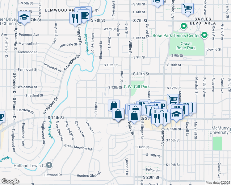 map of restaurants, bars, coffee shops, grocery stores, and more near 1166 Albany Street in Abilene