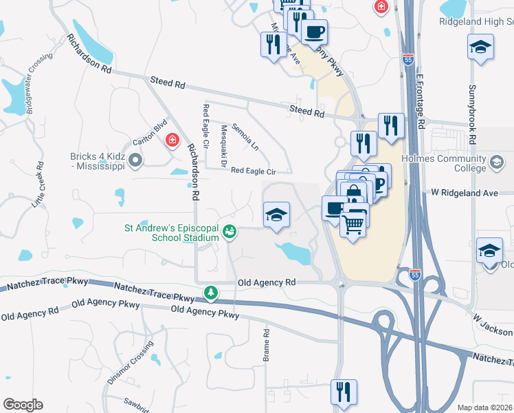 map of restaurants, bars, coffee shops, grocery stores, and more near 127 Canterbury Place in Ridgeland