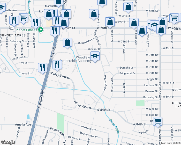 map of restaurants, bars, coffee shops, grocery stores, and more near 7340 Wyngate Boulevard in Shreveport