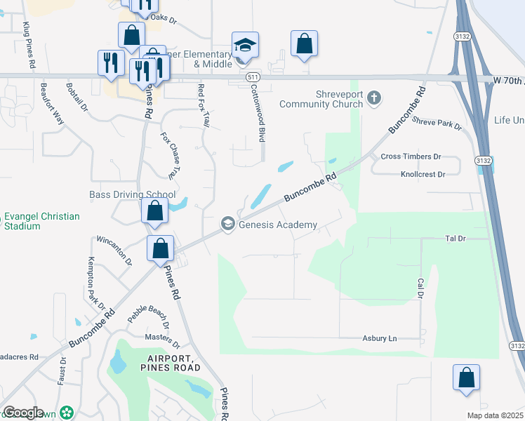 map of restaurants, bars, coffee shops, grocery stores, and more near 5919 Buncombe Road in Shreveport
