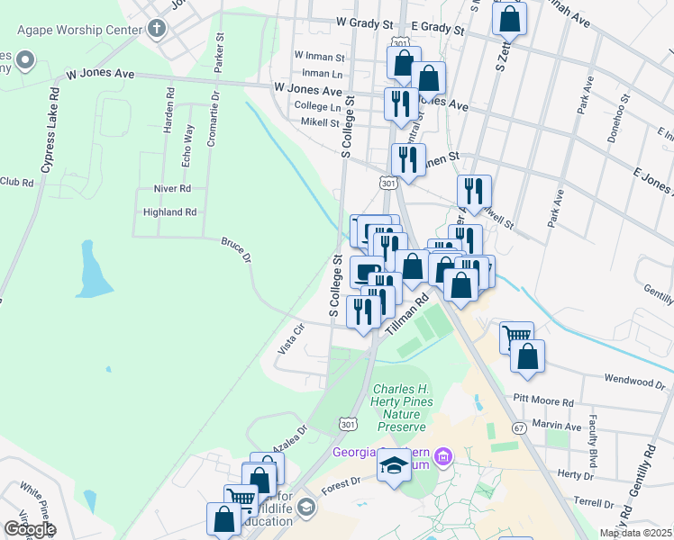 map of restaurants, bars, coffee shops, grocery stores, and more near 439 South College Street in Statesboro