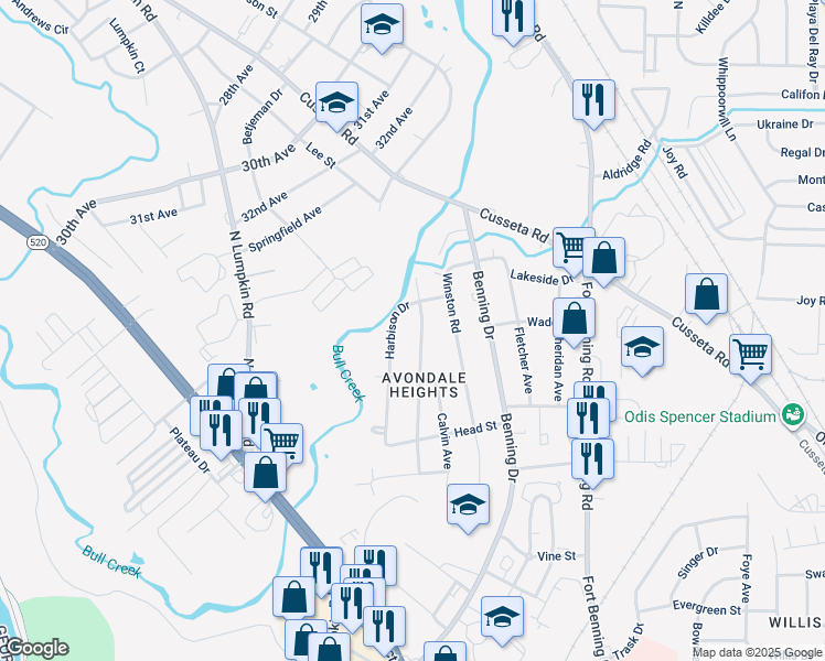 map of restaurants, bars, coffee shops, grocery stores, and more near 708 Harbison Drive in Columbus