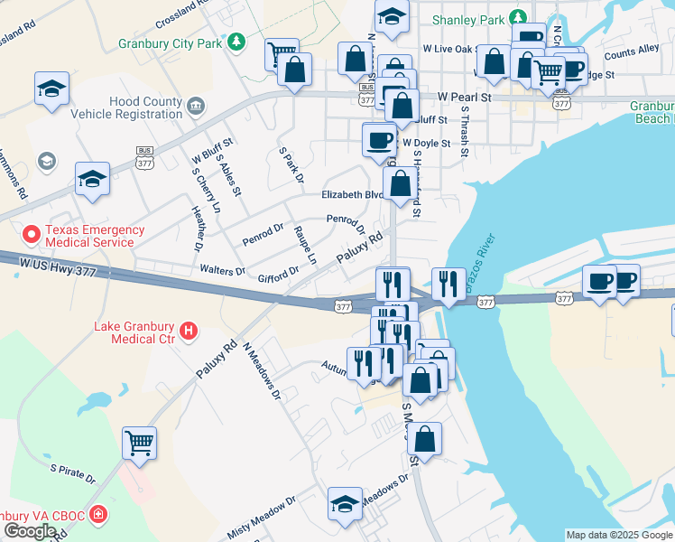 map of restaurants, bars, coffee shops, grocery stores, and more near 820 Paluxy Road in Granbury