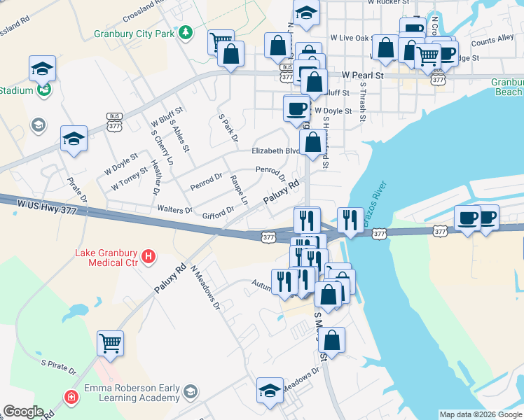 map of restaurants, bars, coffee shops, grocery stores, and more near 820 Paluxy Road in Granbury