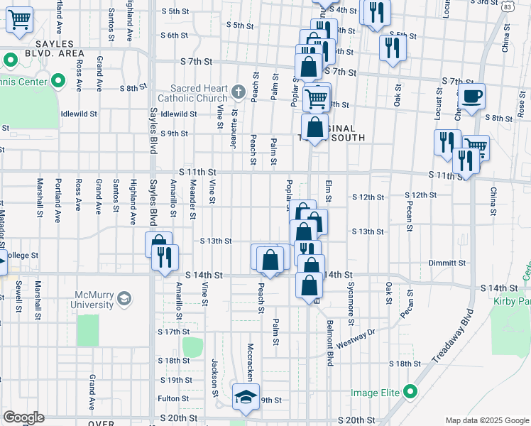 map of restaurants, bars, coffee shops, grocery stores, and more near 1174 Palm Street in Abilene