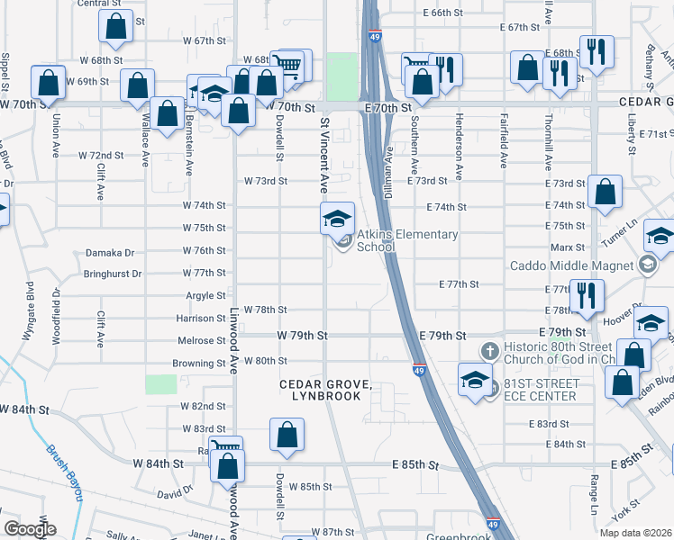 map of restaurants, bars, coffee shops, grocery stores, and more near 7611 Saint Vincent Avenue in Shreveport