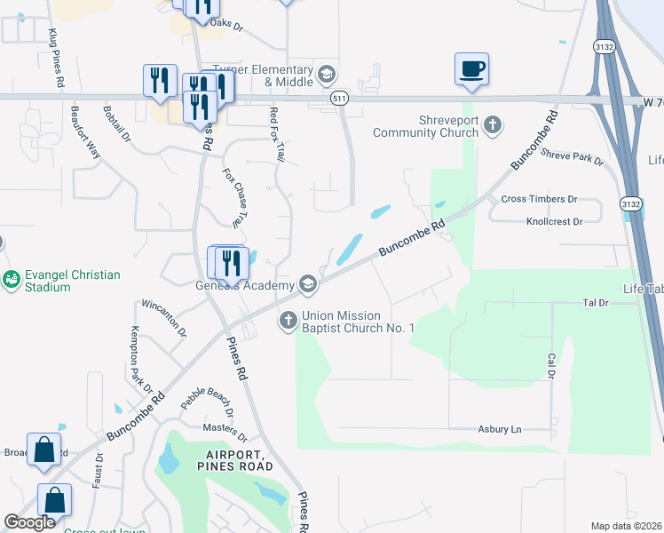 map of restaurants, bars, coffee shops, grocery stores, and more near 6000 Buncombe Road in Shreveport