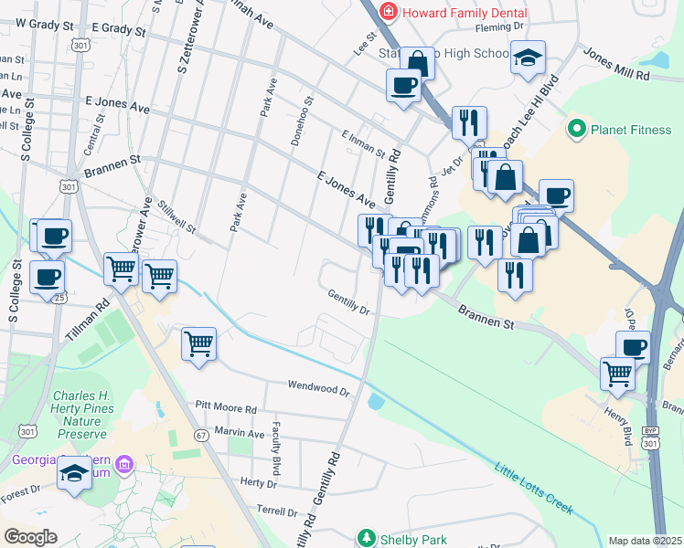 map of restaurants, bars, coffee shops, grocery stores, and more near 104 Gentilly Drive in Statesboro