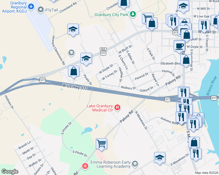 map of restaurants, bars, coffee shops, grocery stores, and more near 111 Melynn Court in Granbury