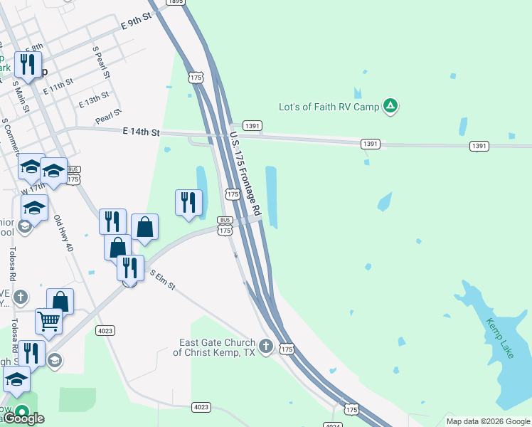 map of restaurants, bars, coffee shops, grocery stores, and more near 11443-11785 U.S. 175 Frontage Road in Kemp