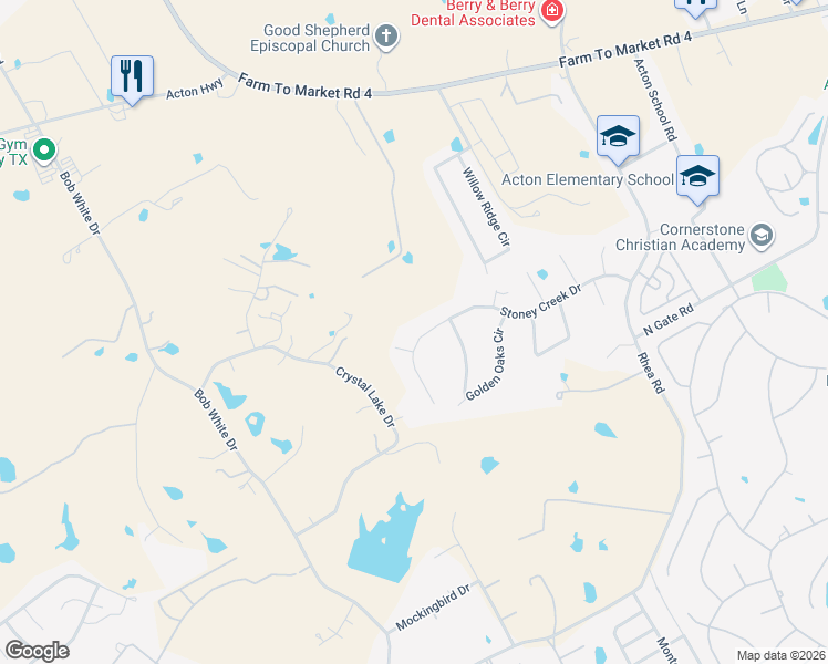 map of restaurants, bars, coffee shops, grocery stores, and more near 4626 Stoney Creek Drive in Granbury