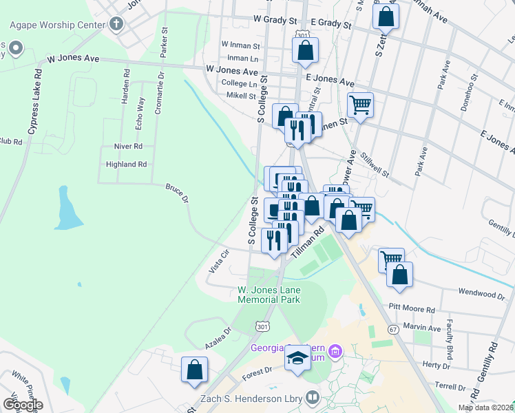 map of restaurants, bars, coffee shops, grocery stores, and more near 435 South Main Street in Statesboro