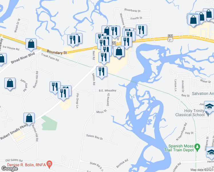 map of restaurants, bars, coffee shops, grocery stores, and more near 1510 Deanne Drive in Beaufort